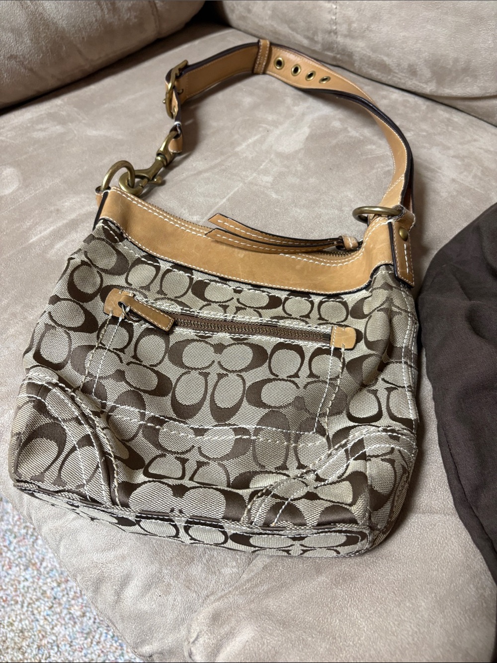 Coach Brown Signature Canvas Shoulder Bag with Tan Leather Trim vintage y2k
